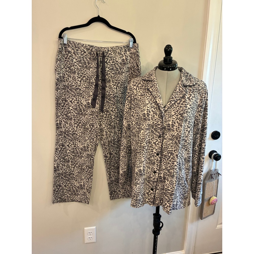 Soma Intimates Gray Leopard Print Pajama Set Cotton Modal Large PJ Top and Pants